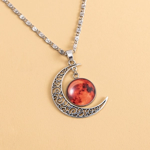 Luminous moon necklace with glow-in-the-dark red planet glass pendant and antique silver chain