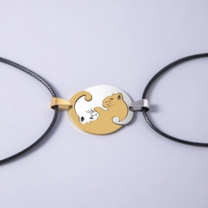 Süße Katzen Yin Yang Partnerketten in Gold und Silber für Paare mit Kordelband