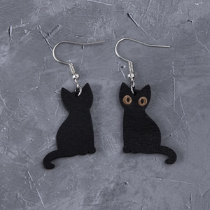 Gothic black cat wooden earrings with silver hooks for Halloween and retro dark style looks