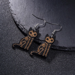 Gothic black wood cat skeleton earrings with silver hooks for Halloween dark style fashion