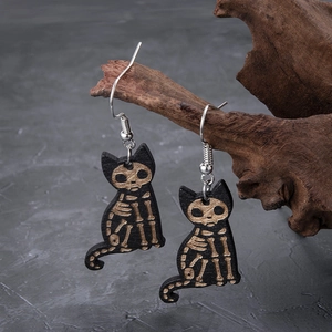 Skeleton Cat Dangle Earrings Halloween Wooden Gothic Dark Style Animal Shape With Stainless Steel Earring Post Jewelry For Women