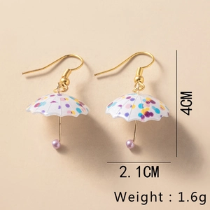 Detailed size view of colorful polka dot umbrella earrings measuring 4cm by 2.1cm