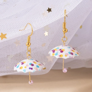 Mini colorful polka dot umbrella earrings with pink pearl charms on gold hooks