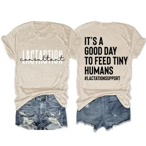 T-Shirt Femme Mélange Coton Manches Courtes Col Rond Soutien À L'Allaitement Slogan Haut Décontracté Coupe Ample