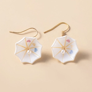 Mini colorful umbrella earrings with heart patterns and small pearls on gold hooks