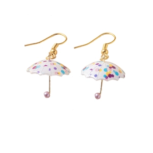 Creative mini colorful polka dot umbrella drop earrings with gold hooks and faux pearls