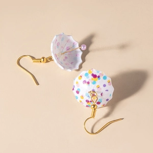 Cute colorful polka dot mini umbrella drop earrings with gold hooks for women