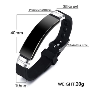 Detail showing 210mm circumference and 40mm stainless steel plate on silicone bracelet