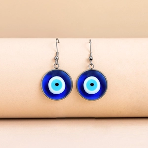 Blue evil eye hook earrings with alloy base and glass evil eye circular pendant charms