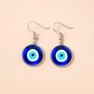 Blue evil eye pendant earrings with silver hooks for a classic bohemian jewelry look
