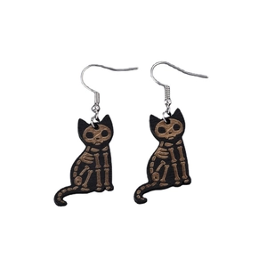 Halloween black wooden cat skeleton earrings with vintage gothic skull design
