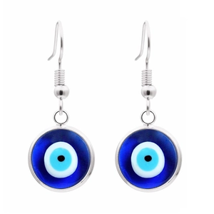 Blue evil eye drop earrings with silver alloy hooks and glass charms for women