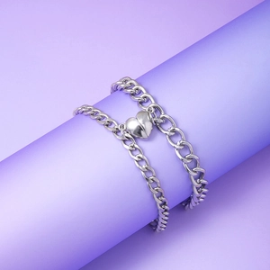 Hip hop style titanium steel Cuban chain bracelets with magnetic heart for couples