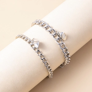 Stainless Steel Curb Chain Bracelets With Magnetic Heart Pendants Hip Hop Couple Jewelry Friendship Gift Silver Color