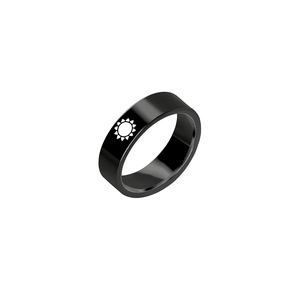 Polished black stainless steel ring with laser-etched sun symbol for couples