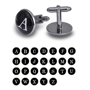 Men Alphabet Initial Letter Cufflinks Round Alloy Glass Business Wedding Shirt Accessories Gunmetal Tone