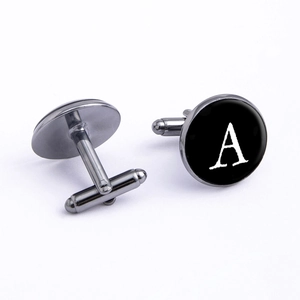 Gunmetal men's cufflinks featuring letter A on black round background in a pair