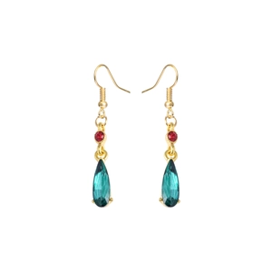 Anime-inspired emerald teardrop earrings with gold hooks and red accent rhinestones