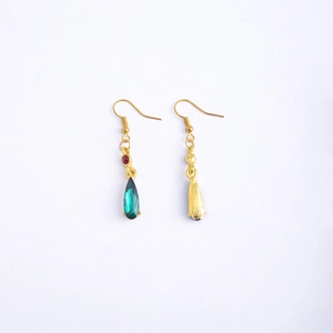 Anime-inspired golden teardrop earrings with green emerald crystal and red stone accents