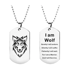 Collier plaque militaire en acier avec tête de loup et citation inspirante
