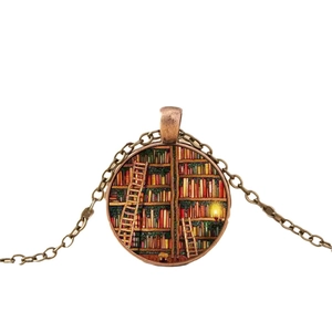 Retro-Halskette mit Glas-Cabochon-Anhänger Motiv Bibliothek Bücherregal Bronze