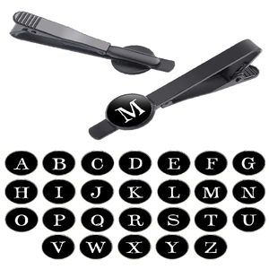 Men's Black Stainless Steel Tie Clip With 26 Initial Alphabet Letter Round Plate Laser Engraved Business Office Tie Bar Accessory Gift