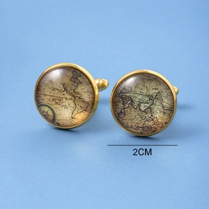 Elegant gold-tone circular cufflinks featuring vintage world map glass cabochons, 2cm diameter