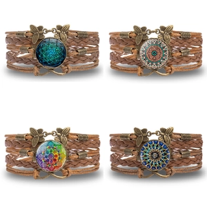 Bohemian Multi-layer Woven Leather Bracelet With Alloy Butterfly Infinity Mandala Glass Cabochon Vintage Jewelry