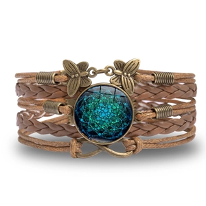Bohemian multilayer woven leather bracelet with mandala glass gem and bronze charms