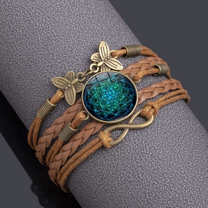 Multilayer bohemian mandala leather bracelet with bronze butterfly and infinity charms