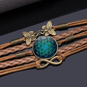 Bohemian multi-layer braided leather bracelet with butterfly, infinity charm and mandala