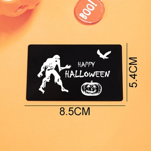 Black metal Halloween wallet card with zombie and pumpkin engraving, size 8.5x5.4cm