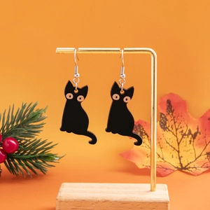 Halloween Black Cat Skeleton Acrylic Dangle Hook Earrings Gothic Dark Party Festive Jewelry Women
