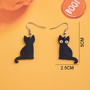 Halloween black cat acrylic drop earrings with silver hooks for festive costumes