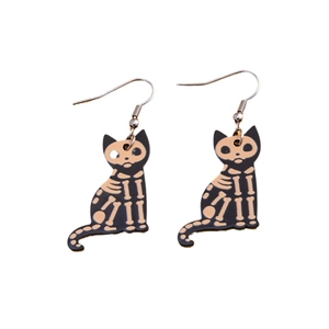 Halloween black cat skeleton earrings with acrylic drop hooks for gothic jewelry style