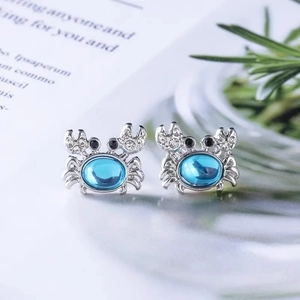 Cute Crab Stud Earrings Women Silver Plated Alloy With Blue Synthetic Crystal And Rhinestone Nautical Animal Jewelry