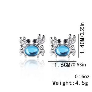 Cute crab stud earrings with light blue gems and rhinestones in silver finish