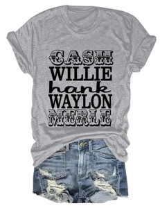 T-shirt gris vintage musique country et short en jean bleu déchiré posés à plat