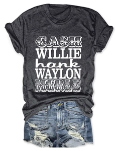Gros plan du T-shirt gris anthracite avec lettrage rétro blanc Cash Willie Hank