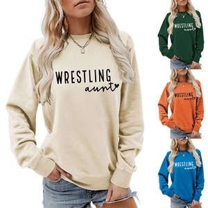 Women's long sleeve wrestling aunt sweatshirts in beige, green, orange, and blue