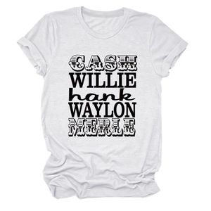 Détail du t-shirt blanc en coton avec noms imprimés Cash Willie Waylon en noir