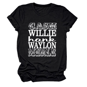 Gros plan du t-shirt en coton noir avec imprimé blanc Willie Cash Hank musique country