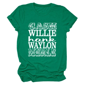 T-shirt en coton vert à col rond avec impression de noms de chanteurs de country blancs