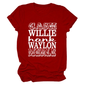 Détail de l'imprimé texte blanc vintage sur un t-shirt rouge à manches courtes en coton doux