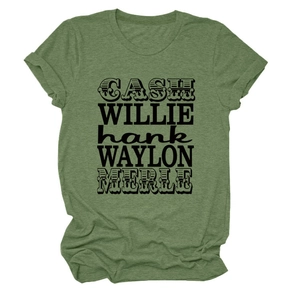T-shirt vert musique country avec texte Cash Willie Hank Waylon Merle sur tissu décontracté