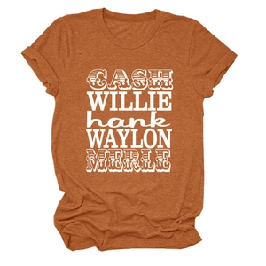 T-shirt en coton terre cuite avec impression rétro blanche de noms de chanteurs country