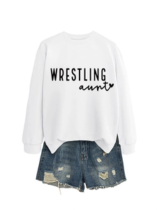 White crewneck sweatshirt with Wrestling Aunt print and ribbed cuffs in a flat lay