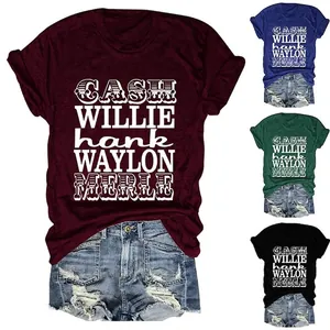 T-Shirt Décontracté pour Femmes en Mélange de Coton avec Imprimé Graphique Noms de Chanteurs de Musique Country Coupe Ample Col Rond