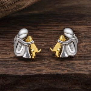 Abstract Girl Hugging Dog Earrings Alloy Jewelry With Stainless Steel Earring Post Gift For Pet Lovers