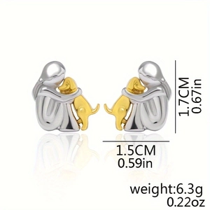 Two-tone silver and gold stud earrings featuring a girl hugging a dog, 1.7cm height